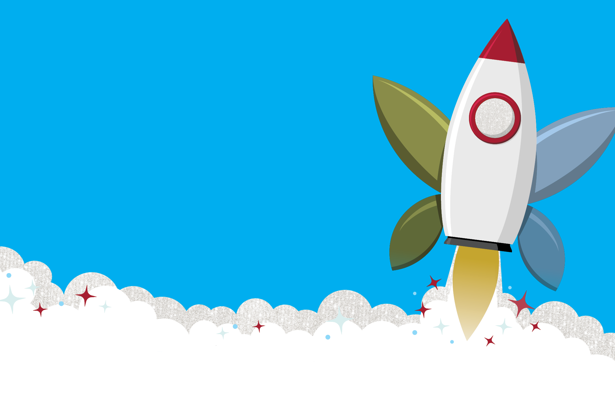 Illustration of a rocket ship launching against a blue sky with clouds and sparkles below.