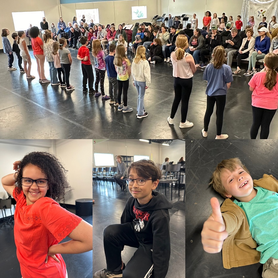 top photo is kids performing a dance routine in front of a mirror and parents. Bottom photos nclude girl in orange shirt striking a pose, boy dressed in black on one knee, boy laying on floor giving thumbs up to the camera